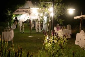 Wedding set up in Italian garden at Rustic Monastery