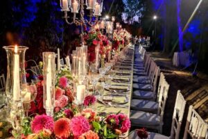 Villa Piccolomini, Specialist lighting and floral design for dining in the treelined avenue