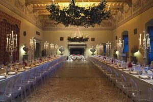 Wedding banquet dining set up at Castello di Odescalchi Bracciano near Rome in Italy
