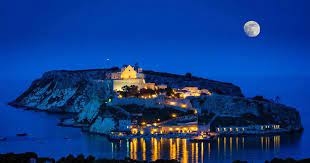 Mediterranean island wedding venue at night