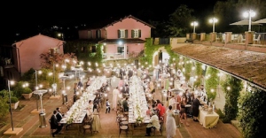 Wedding dining set up at an Indian wedding in Tuscany, Italy.