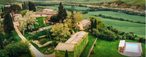 Aerial of Borgo Castelvecchio. A wedding venue in Tuscany, Italy.