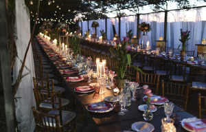 A long dining table set up for a wedding banquet. The table is on a terrace under a pergola.